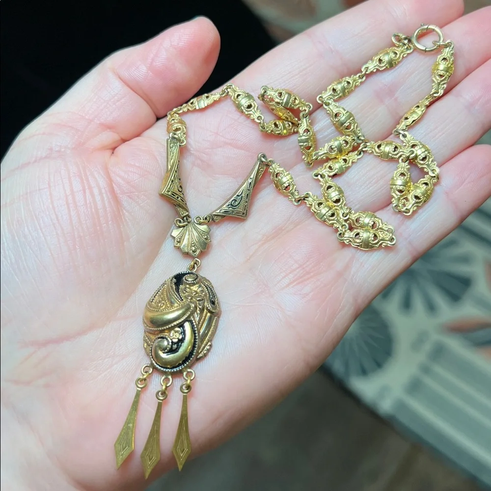 Antique 12k Gold Filled Black Taille d’Epargné Enamel Tassel Pendant Necklace
